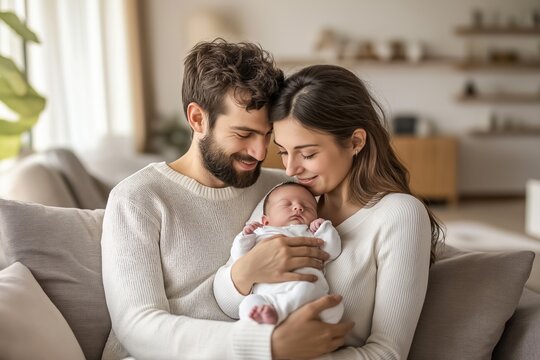 Young mother and father are smiling down at their newborn baby while relaxing on the sofa at home