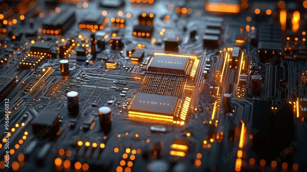 Poster close up of glowing circuit board with processors