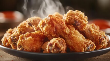 Close-up of a plate of crispy chicken wings, steam rising, with a sprinkle of paprika for added color, crispy fried chicken wings, hot and fresh, comfort snack