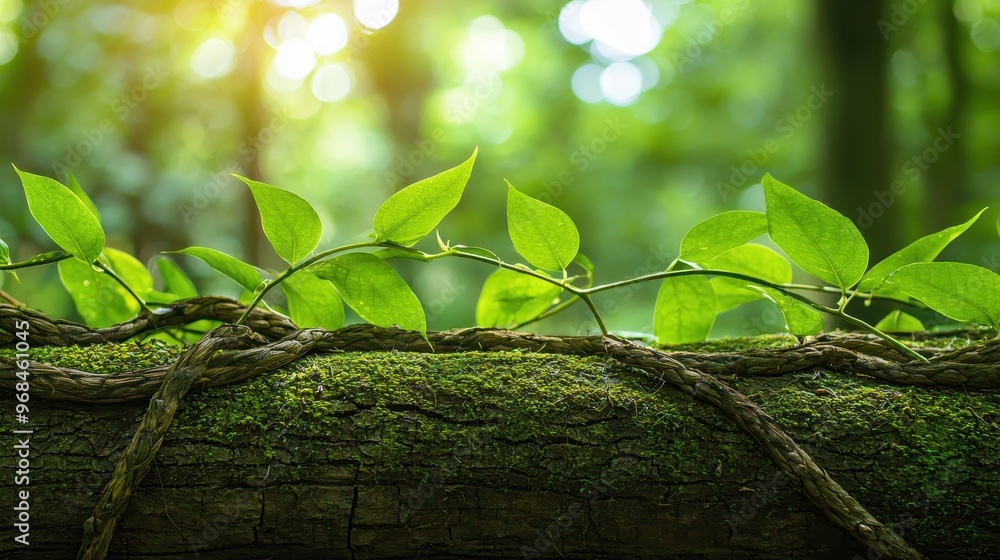 Poster Lush Green Vine on Mossy Tree Trunk in Sunlight