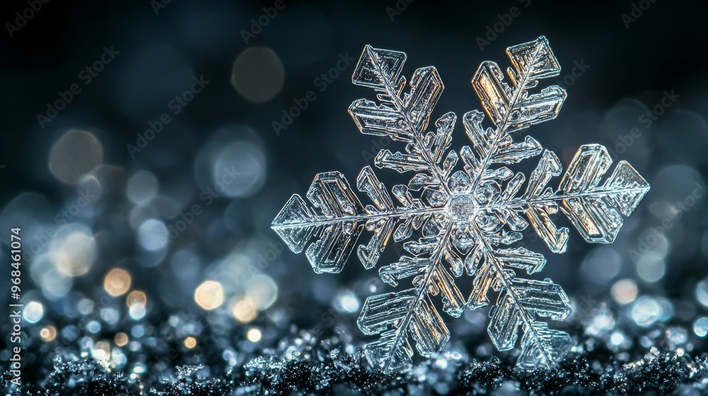 Aufkleber macro photography of a single snowflake on a dark background with bokeh lights