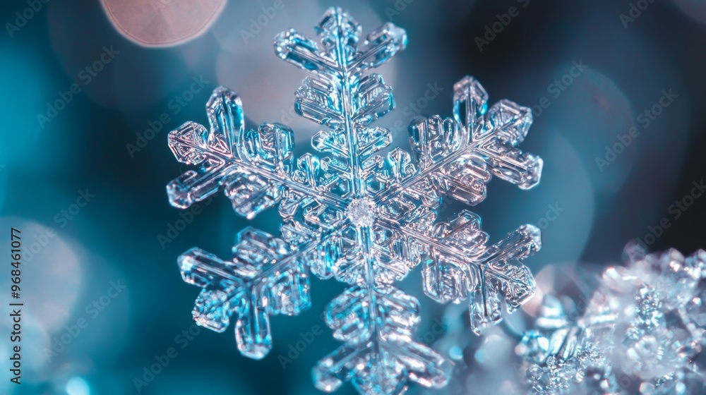 Aufkleber macro photography of a snowflake with blue bokeh background