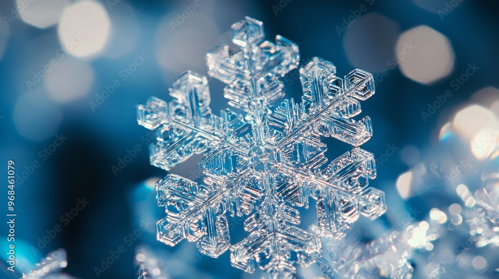 Aufkleber Macro Photography of a Snowflake with a Blue Bokeh Background
