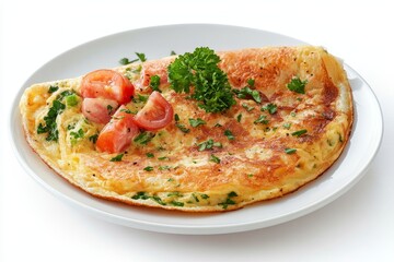 A mouthwatering omelette with a golden-brown crust, topped with fresh tomato slices and parsley sprigs. It is served on a white plate against a white background, showcasing the simple yet delicious na