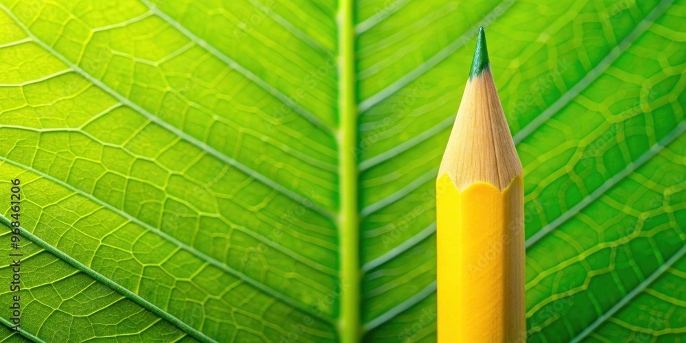 Wall mural Yellow pencil standing upright on a vibrant green leaf , nature, back to school, education, office supplies, creativity