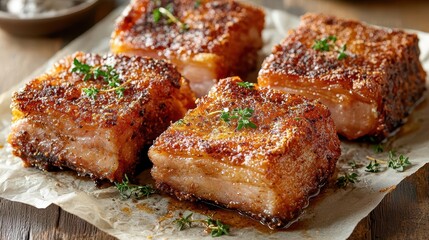 Close-up of crispy pork belly served on parchment paper, golden and crunchy with a slight sheen, garnished with herbs, crispy fried pork belly, comfort food, artisanal presentation