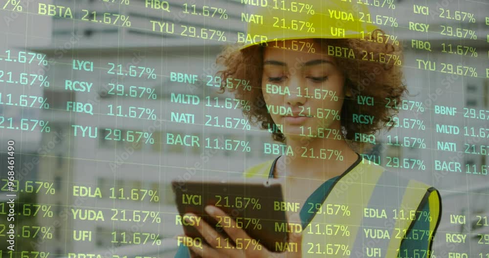 Poster animation of financial data processing over biracial female architect using tablet