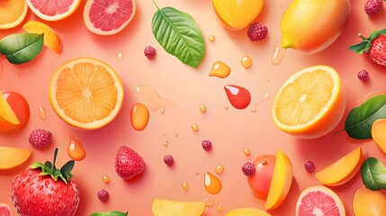 Sweet ripe fruits and berries on color background