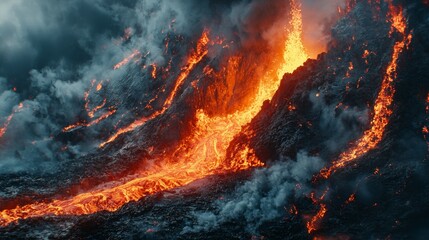 Fototapeta premium Erupting Volcano with Molten Lava Flow and Smoke