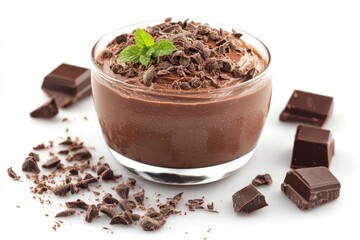 A rich and creamy chocolate mousse in a glass bowl, topped with fresh mint and chocolate shavings. The mousse is surrounded by pieces of dark chocolate, creating a delicious and indulgent dessert.