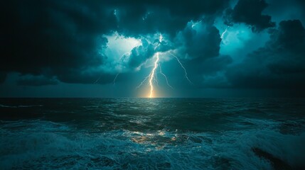 Dramatic Lightning Storm Over Ocean Waves