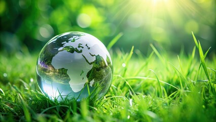 Glass globe symbolizing environmental conservation on green grass field, earth day
