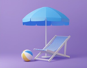 A beach chair beach ball and an umbrella are ready for a relaxing summer day, 3D illustration