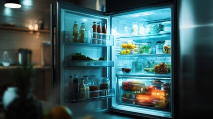 Open Refrigerator with Food and Drinks