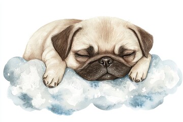 A sweet and charming watercolor illustration of a cute pug puppy sleeping peacefully on a fluffy blue cloud. The image conveys a sense of tranquility, innocence, and the joy of companionship.