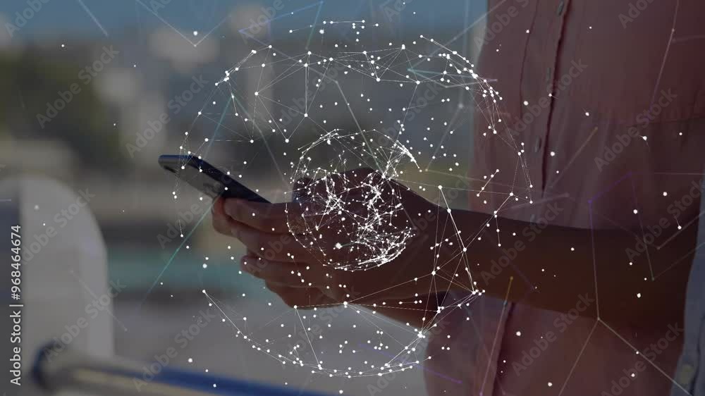 Poster animation of network of connections with globe over caucasian man using smartphone