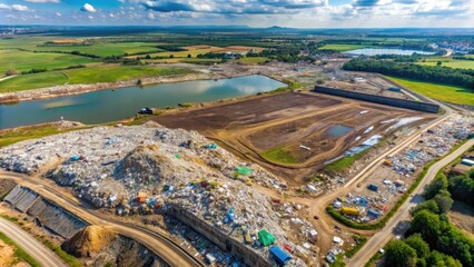 Fototapeta premium Aerial view of a municipal landfill site with garbage pile, toxic lakes