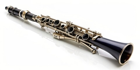 Fototapeta premium Isolated black clarinet musical instrument on white background, music, clarinet, instrument, isolated, black, woodwind