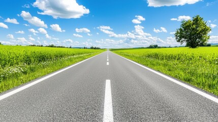 Fototapeta premium Empty Country Road with Green Field and Blue Sky