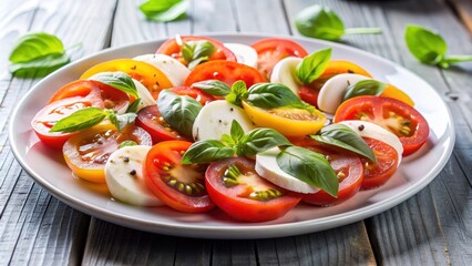 Fresh and colorful Caprese mozzarella tomato salad on a white plate , caprese, mozzarella, tomato, salad, fresh