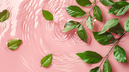 Obraz premium Water ripple with green leaves. Trendy pink background for cosmetic product presentation. Artistic concept. Copy space.