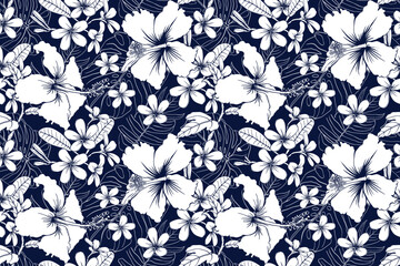 Hibiscus flower aloha Hawaiian tropical seamless  pattern floral abstract background. Vector illustration hand drawing. For Fabric, textiles, clothing, wallpaper, pattern print design.