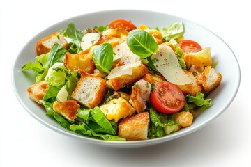 A vibrant and fresh Lyonnaise salad featuring crisp romaine lettuce, golden croutons, juicy cherry tomatoes, and a sprinkle of Parmesan cheese. The salad is arranged in a white bowl on a white backgro