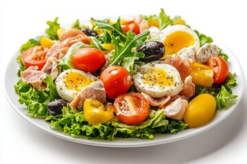 A vibrant Nicoise salad bursting with flavor and freshness. The salad features crisp lettuce, juicy tomatoes, tender boiled eggs, salty olives, and savory tuna or salmon, all arranged beautifully on a