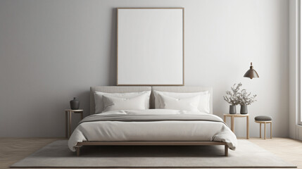 A cozy bedroom setting featuring a neatly made bed and a simple decor, with a large empty frame on the wall for customization.