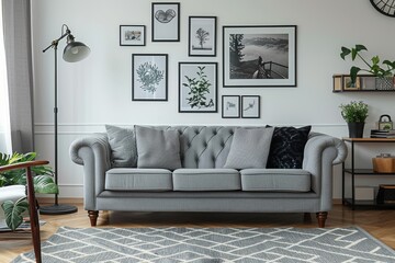 Gray Fabric Sofa with Pillows, Elegant Coffee Table, and Black Photo Frame Board with Photographs in Stylish Living Room