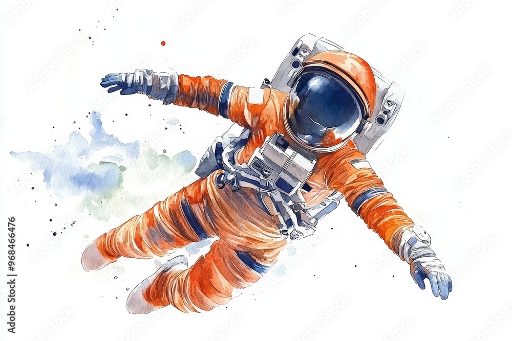 Poster a watercolor illustration depicting an astronaut in an orange spacesuit, floating effortlessly in th