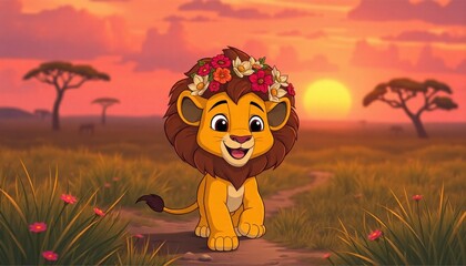 A friendly cartoon lion with a mane of flowers, strolling through a savannah at sunset.