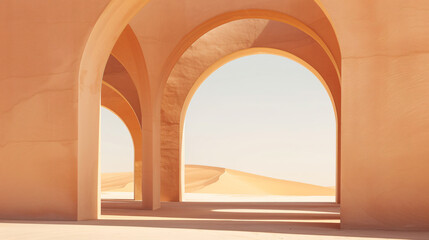 Fototapeta premium An artistic representation of arches leading to a serene desert landscape, highlighted by soft colors and a minimalist aesthetic.