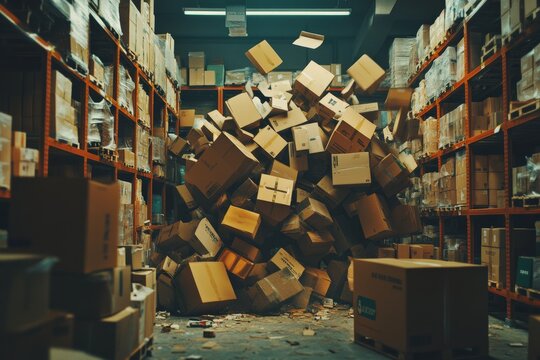 A warehouse filled with shelves, and in the middle, a huge pile of boxes and packages fall down, creating chaos and disorder. This image symbolizes: disorganization, inefficiency, overwhelm, disruptio