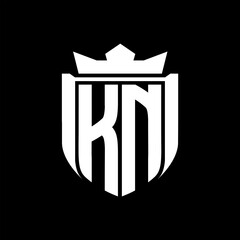 KN Letter logo shield shape inside shield badge crown on black background template design