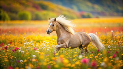 Fototapeta premium Pony galloping with unrestrained enthusiasm through vibrant flower fields, pony, gallop, enthusiasm, flower fields