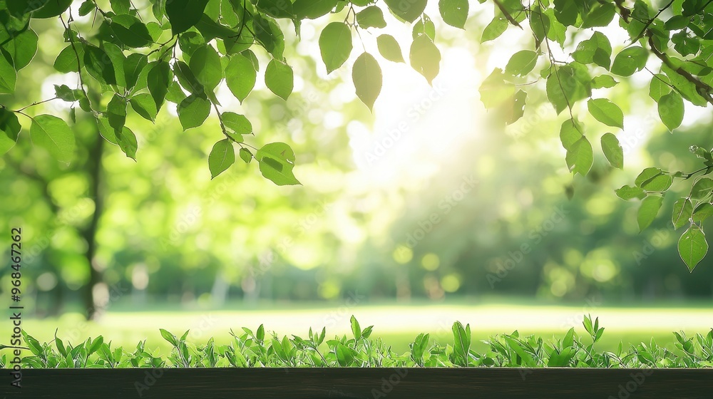 Poster Green Leaves and Sunlight Bokeh Background