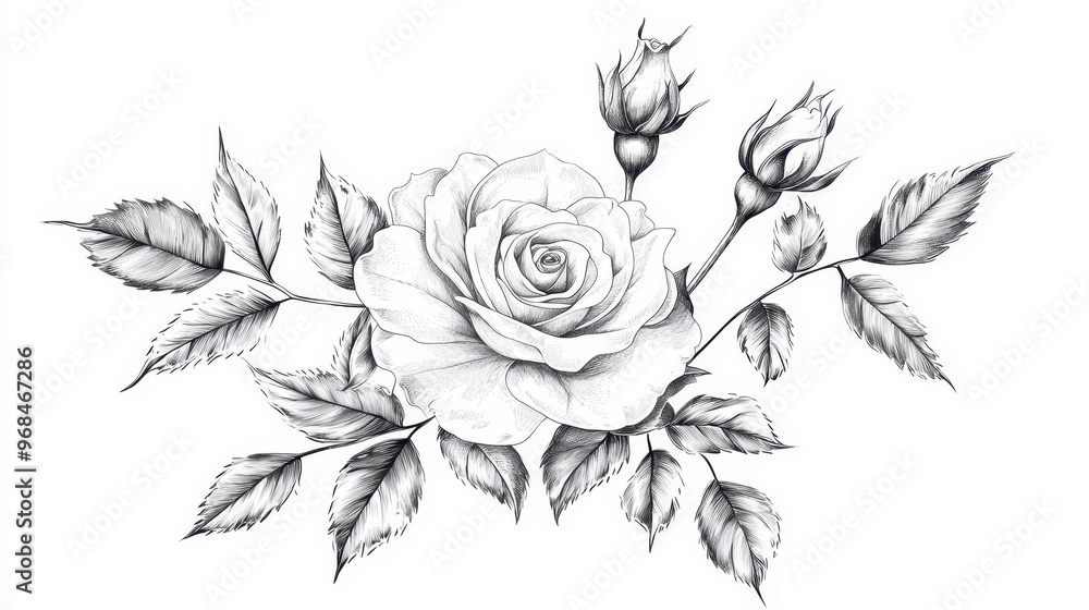 Wall mural hand drawn black and white rose flower illustration