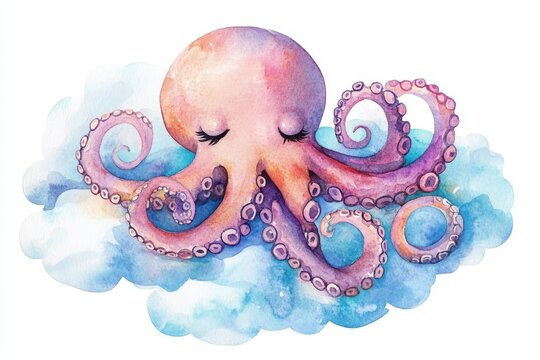 A watercolor illustration of a cute little octopus sleeping peacefully on a cloud. The octopus has closed eyes and curled up tentacles, suggesting a sense of calm and tranquility. The soft colors and 