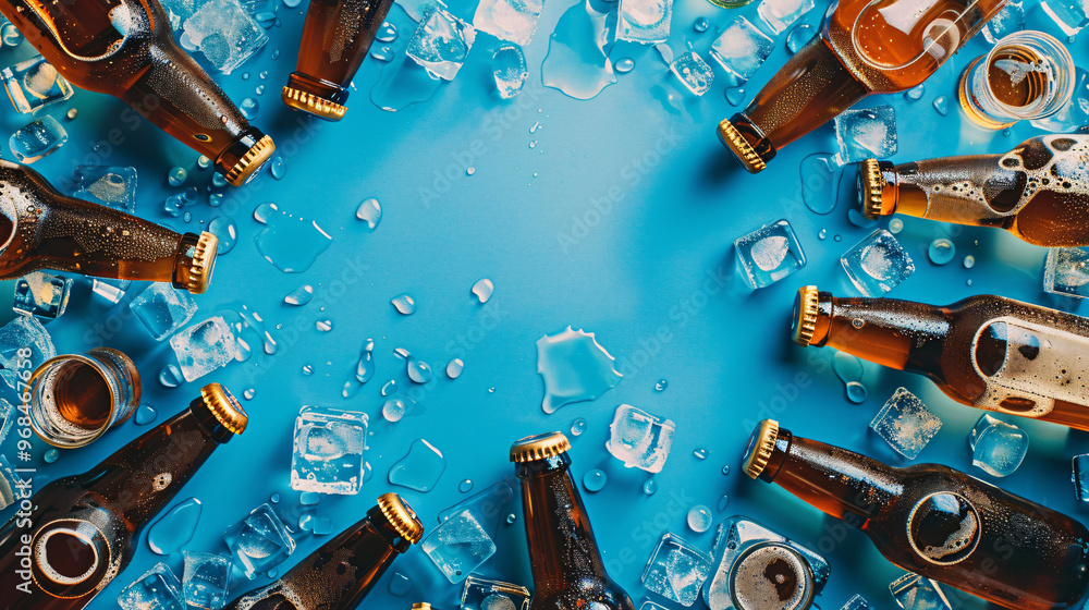 Aufkleber a top-down view of various beer bottles surrounded by ice cubes on a vibrant blue surface, creating 
