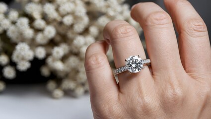 Close up of an elegant diamond ring on woman finger with white flower, sunlight and shadow background. love and wedding concept.