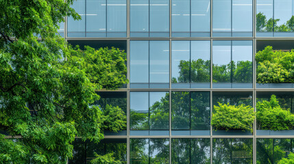 A modern office building with green trees reflected