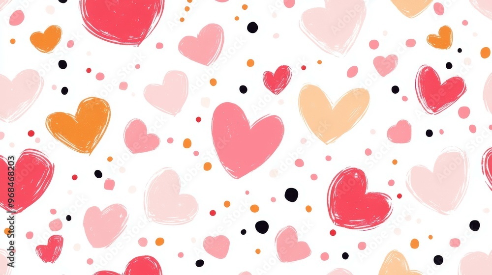 Poster a charming seamless pattern featuring hearts and dots on a soft pink and white background, perfect f