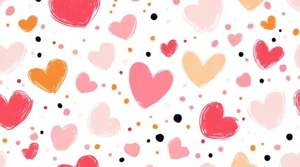 A charming seamless pattern featuring hearts and dots on a soft pink and white background, perfect for any project.