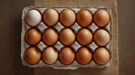 A Dozen Brown Eggs in a Cardboard Carton on Burlap