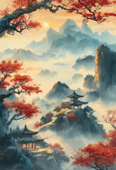 Autumnal Mountain Retreat: Traditional Chinese Architecture Amidst Red Leaves and Clouds