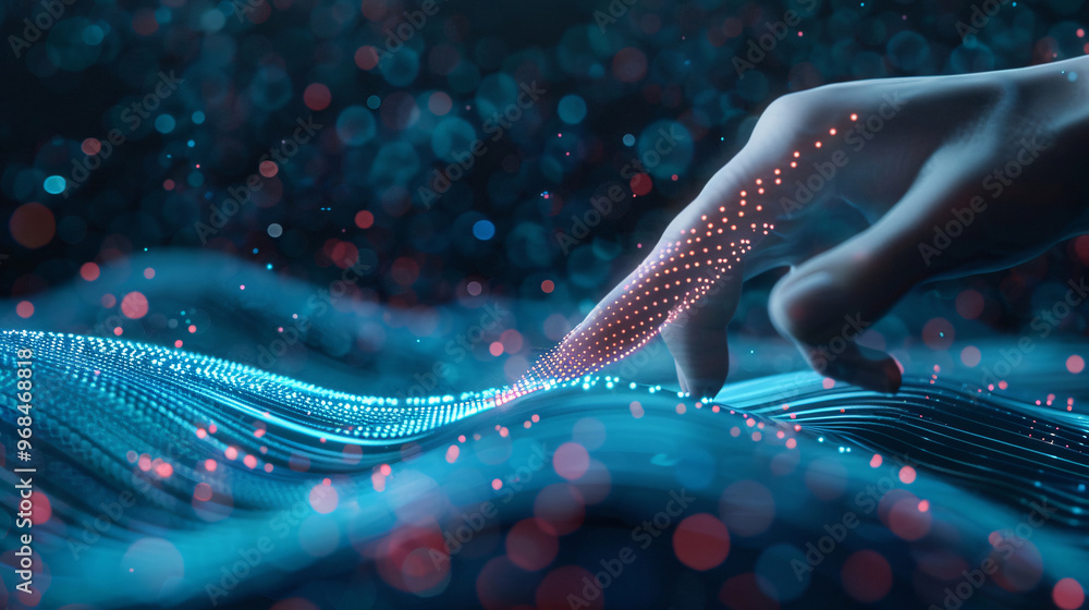 Poster a close-up view of a hand reaching out to touch a wave of glowing particles, symbolizing the interac