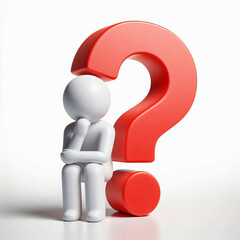 A 3D illustration of a figure sitting in contemplation next to a large red question mark, symbolizing curiosity and questioning in a minimalist design.
