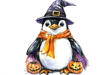 A watercolor illustration of a penguin dressed as a witch for Halloween. The penguin is wearing a purple hat, orange scarf, and carrying two jack-o-lanterns. This whimsical image is perfect for Hallow