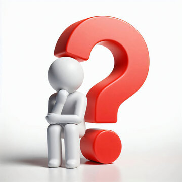 A 3D illustration of a figure sitting in contemplation next to a large red question mark, symbolizing curiosity and questioning in a minimalist design.